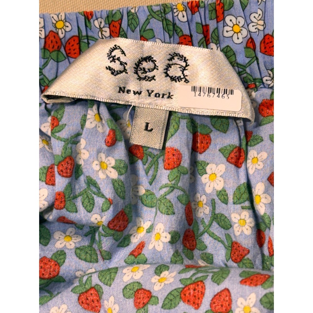 Sea New York Lilly Smocked Mini Dress Blue Strawberry Floral Puff Sleeve Large - Picture 2 of 12